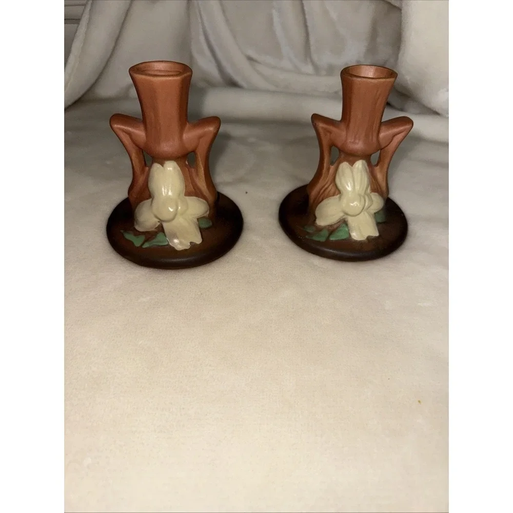 Vintage Roseville Art Pottery pair brown Candle Holders Clematis